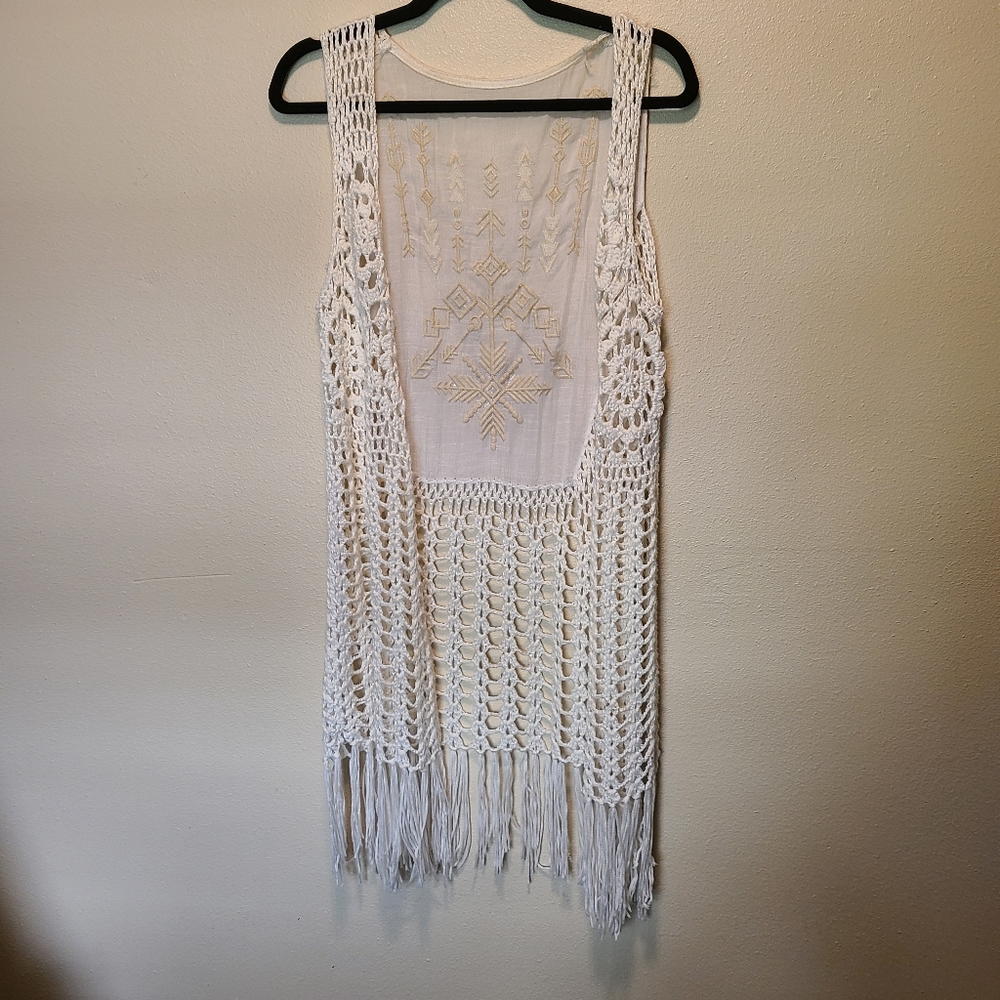 Crocheted embroidered coat topper